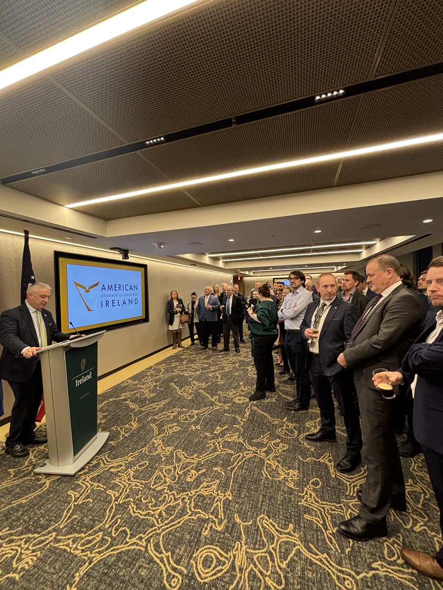 DavidCaplan's tweet photo. 🍀At @IrelandinNY for the @AmericanChamber's launch of the 2026 US-Ireland Business Report. Great meeting Consul General @GeraldAngley + hearing @peterburkefg, Minister for Enterprise, Torurism and Employment, speak. 🍀 https://t.co/YGxu9o8Xjn