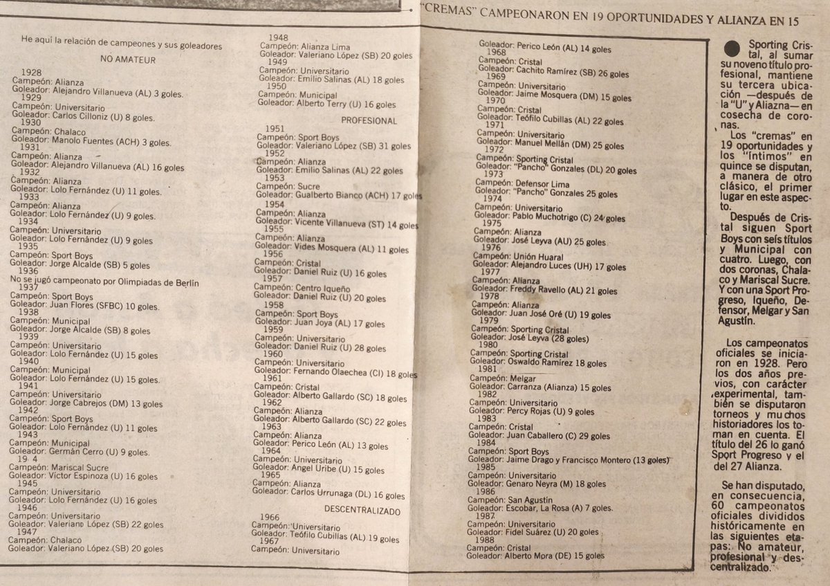 Cuál era el palmarés del fútbol peruano que consideraban los medios en el verano de 1989? Afirmando lo que siempre se supo, los torneos oficiales de fútbol en el Perú, iniciaron en 1928 y los del 26 y 27 eran de carácter experimental y, por esa razón, no eran considerados.