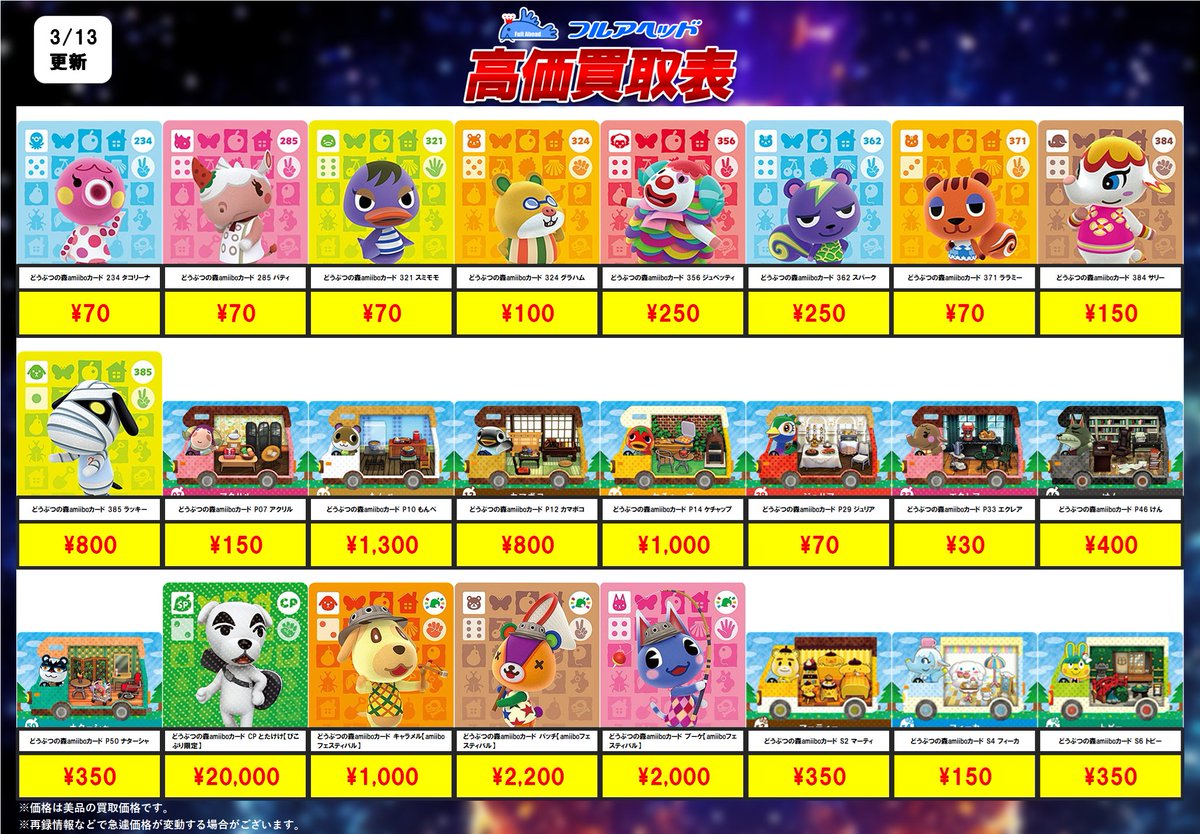 💥買取更新情報💥】 🐶どうぶつの森amiiboカード🐱 3/17までの買取表
