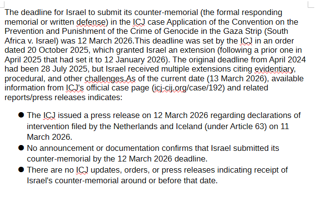 THIS IS WHY SOUTH AFRICA IS UNDER ATTACK:
ISRAEL has failed to submit a responding memorial to the ICJ , against the charges of genocide brought by South Africa.
It appears Israel has no defence, and destroying South Africa is the only alternative.