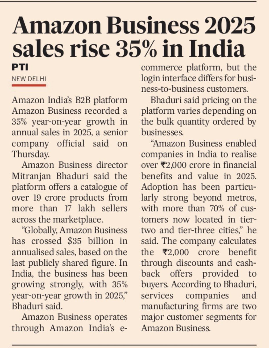 omahuja's tweet photo. 🚀 Amazon Business India is on fire! 35% YoY growth in 2025, ₹2,000 crore in savings delivered to businesses, and 70+customers from tier-2 &amp; tier-3 cities! With 19 crore products &amp; 17 lakh sellers, B2B e-commerce is truly transforming!  #B2BCommerce #DigitalIndia https://t.co/sPSESweJ2k