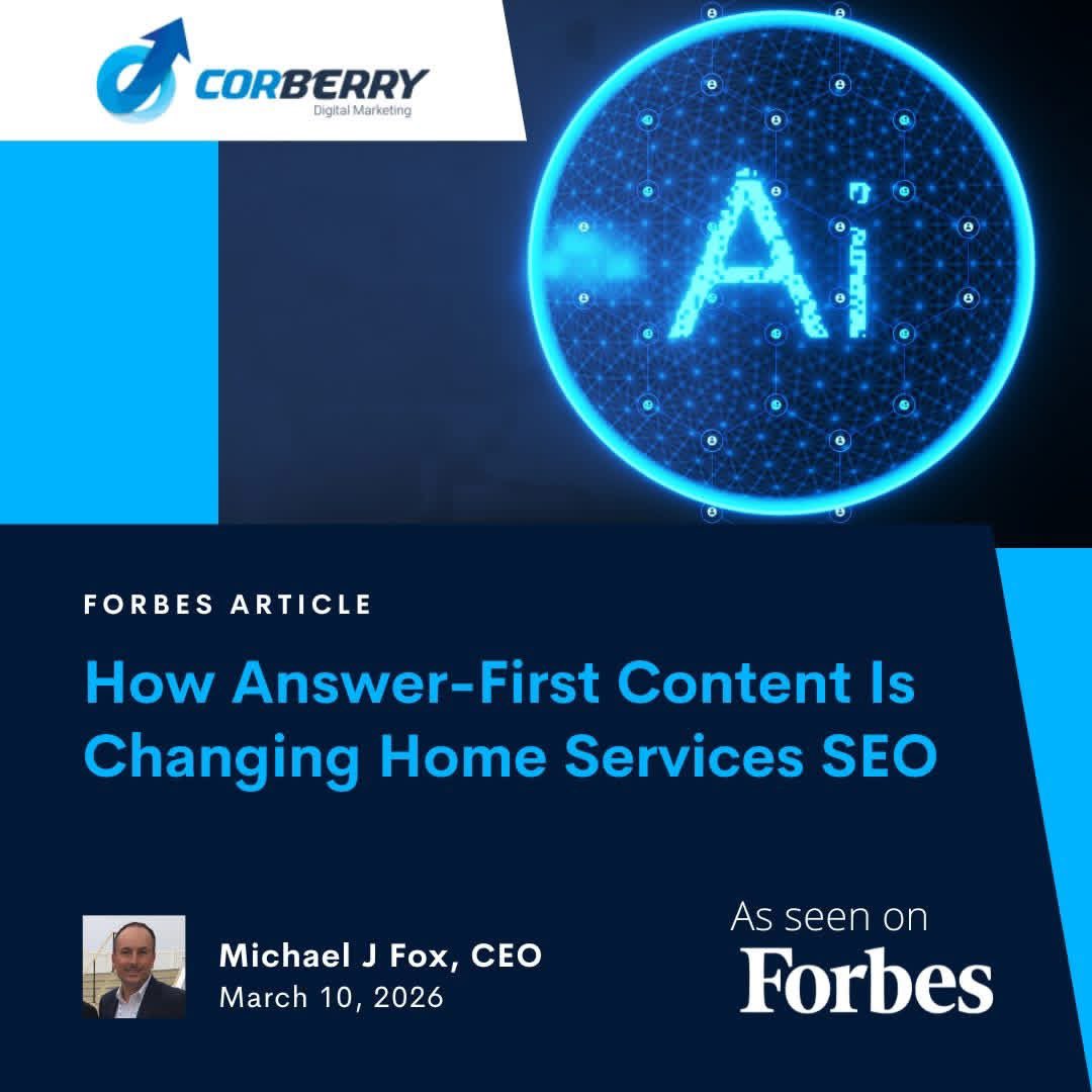 CorberryDigital's tweet photo. Just published in @Forbes: How Answer-First Content Is Changing Home Services SEO

Old playbook:
Rank high  
Show in map pack  
Run Google Ads  
Get reviews

New reality:

Homeowners search → Google shows AI answers → someone gets called.

Read here:  
https://t.co/mGFHf4OylU https://t.co/hNmyP7SE4u