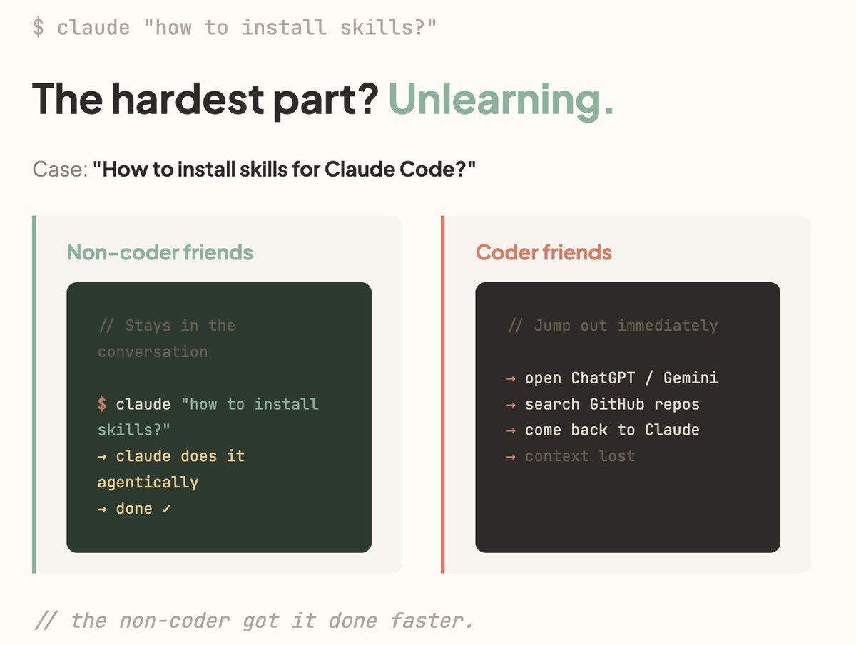 yiming_xu_'s tweet photo. As a coder, I've been vibe coding for a little over a year. Here are my honest notes so far:

Lesson 1: Unlearn the coder instinct.

When Claude Code Skills came out, I watched my coder friends and non-coder friends react quite differently.

Coders jumped out of Claude Code immediately. Ask GPT or Gemini, search GitHub, find a package, read the docs, then come back.

Non-coders? Just asked Claude Code directly. It got things done. They moved on.

But it's not just speed.

Every time you leave the AI environment to handle something yourself, the AI loses that context. It doesn't know what you changed or why.

"I'll just do it myself" creates context breakpoints that quietly degrade everything downstream.