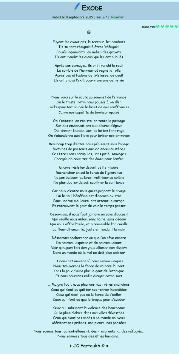 les_ecrits_fr's tweet image. #Exode JC.#Fartoukh
#FridayReads #VendrediLecture #Migrant
Nous #voici sur la #route au #sommet de l’#errance
Où le #triste #matin nous #pousse à #vaciller
Où l’#espoir #tait un…
#Lire=&amp;gt;amazon.fr/souffrance-esp…
#lesecrits #Écrits #Poésie #Poème #IN
#Suite=&amp;gt;les-ecrits.fr/exode/