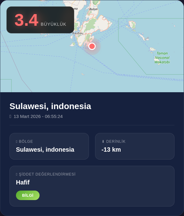 DepremHub's tweet photo. 🔵 Deprem Bilgisi

📍 Sulawesi, indonesia
📊 Büyüklük: 3.4
⬇️ Derinlik: -13 km
🕐 13 Mart 2026 - 06:55:24

#deprem #earthquake https://t.co/Zfsv7s8YYB