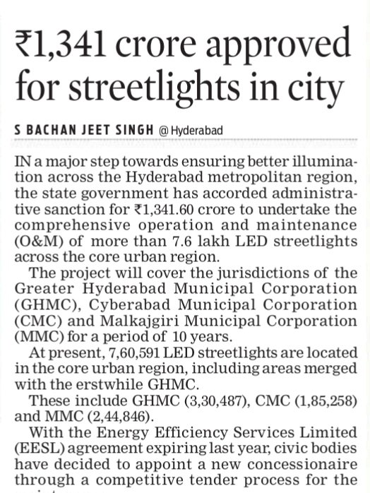 revanthannanews's tweet image. 📢₹1,341 Cr approved to upgrade streetlights in Hyderabad
🔹 Govt sanctions ₹1,341.6 crore for O&amp;amp;M of 7.6 lakh LED streetlights
🔹 Project covers GHMC, Cyberabad &amp;amp; Malkajgiri municipal areas
🔹 New concessionaire to manage streetlight maintenance for 10 years
#Hyderabad #GHMC