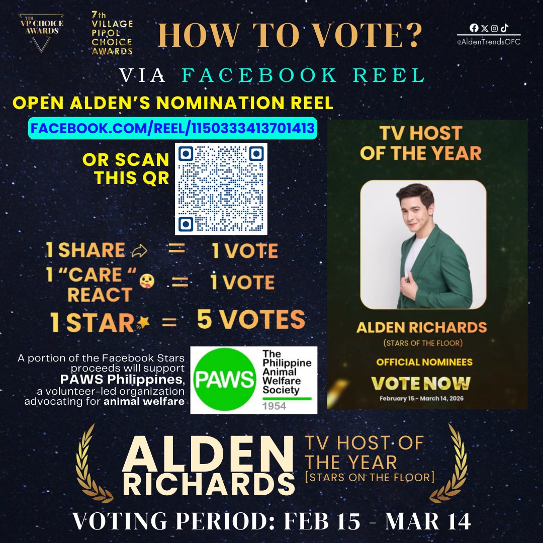 AldenTrendsOFC's tweet photo. VP Choice Awards REMINDER‼️

VOTE ALDEN RICHARDS for TV HOST of the YEAR via FACEBOOK REEL:
https://t.co/wiGzSWhko8

Let's CARE REACT ONCE (1 VOTE),
SHARE DAILY (1 VOTE) &amp;
if we can, SEND STARS: 1 STAR = 5 VOTES

@aldenrichards02 @vpchoiceawards
#VPChoiceAwards
#ALDENRichards https://t.co/VrJecIWwHW