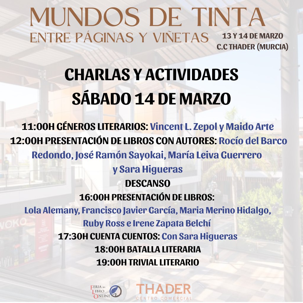 ¡LLAMAMIENTO A MURCIANOS!
 ¡Esta tarde y mañana sábado 14 de marzo estaremos en el C.C Thader con un evento literario dándolo todo!  ¿Qué podréis encontrar? Autores, ilustradores, cuenta cuentos, trivials, presentaciones, debates...y firma de libros. 
 ¿Me ayudáis a difundir?🥰