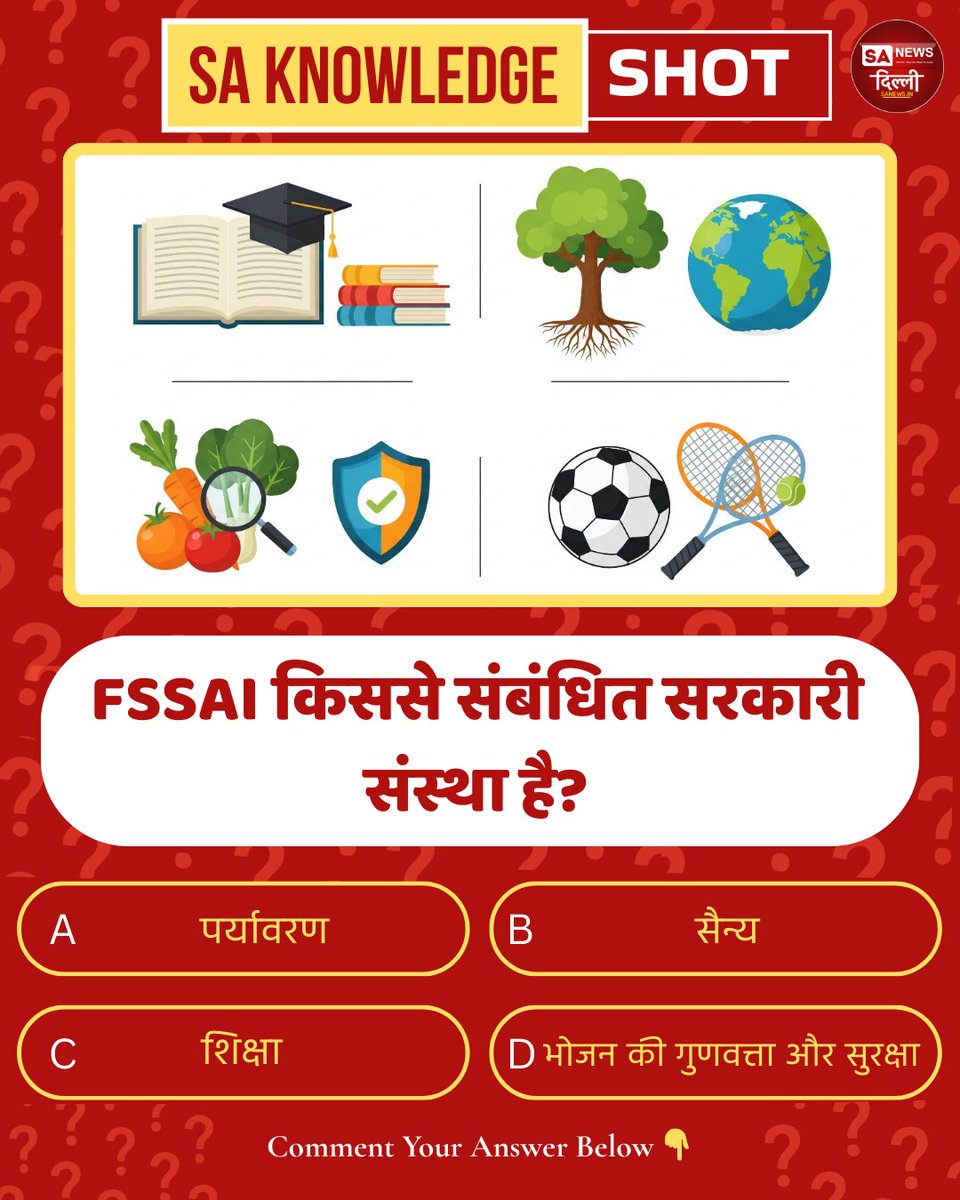 sanewsdelhi's tweet photo. FlSSAI किससे संबंधित सरकारी संस्था है?
A) पर्यावरण
B) सैन्य
C) शिक्षा
D) भोजन की गुणवत्ता और सुरक्षा
अपना सही जवाब कमेंट में बताइए 👇
#SAKnowledge #GKQuiz #FSSAI #sanewsdelhi #QuizTime #IndiaGK https://t.co/cwqf49Tccw
