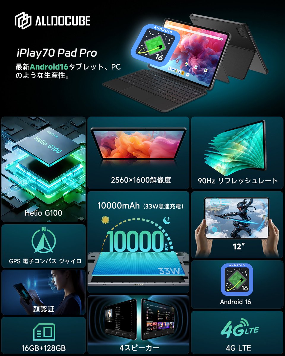AlldocubeJapan's tweet image. パワーも、画面も、バッテリーも。
全部入り。

Helio G100 × 2.5K × 90Hz
10000mAhバッテリー
Android 16搭載。

発売までもうすぐ。🚀

#ALLDOCUBE #iPlay70PadPro #タブレット