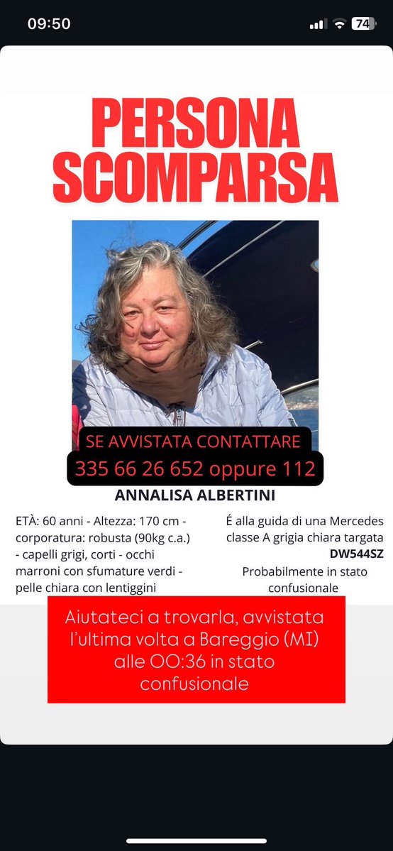 E la mamma di una carissima amica… qualunque anche minima informazione sarebbe di enorme aiuto!!
#scomparsa#persona#mamma#milano