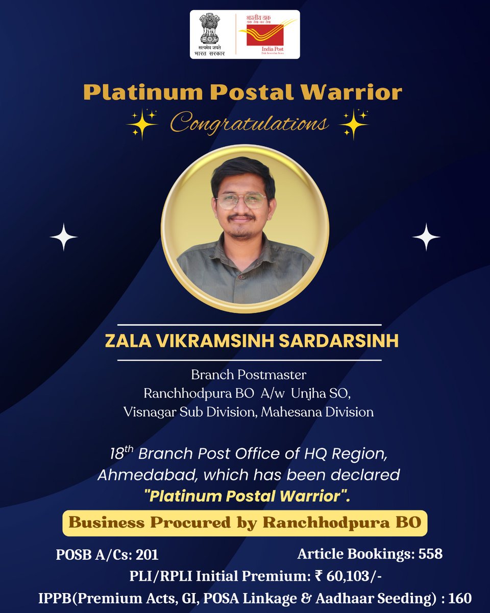pmgnorthgujarat's tweet image. Proud to announce that Sh. Vikramsinh S Zala , Branch #Postmaster, #Rancchodpura Branch #PostOffice, #Visnagar Sub Division under #Mahesana Division  declared 18th Platinum #Postal Warrior under North #Gujarat Region, #Ahmedabad. Congratulations 👏@IndiaPostOffice
@JM_Scindia