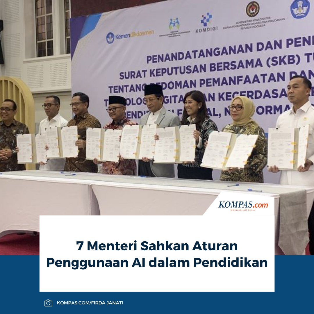 KompasTekno's tweet image. Pemerintah menetapkan pedoman bersama terkait pemanfaatan teknologi digital dan kecerdasan buatan (Artificial Intelligence/AI) di lingkungan pendidikan.

👉🏻Baca selengkapnya tekno.kompas.com/read/2026/03/1…

~AM #Pemerintah #AI #Pendidikan