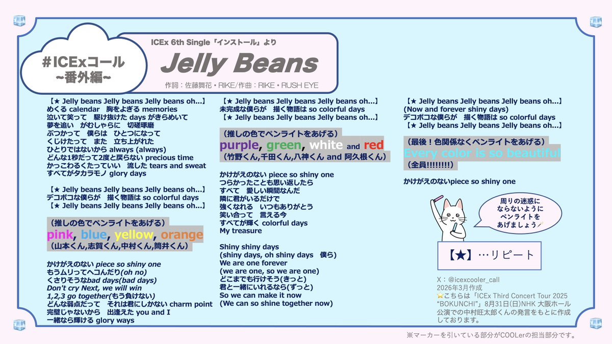 icexcooler_call's tweet photo. ┏････━━━━┓
✧ #ICExコール 🧊₊˚⊹ 
┗━━━━････┛        〜番外編〜

ICEx 6th Single インストールより🤖💘

『Jerry Beans』

✩公式からのレクチャー動画はありません📢
ライブでの中村 旺太郎くんの発言をもとに振りをまとめたものになります🗒️💛✨
#Jellybeans #ICEx #COOLer https://t.co/9LXWVpltgz
