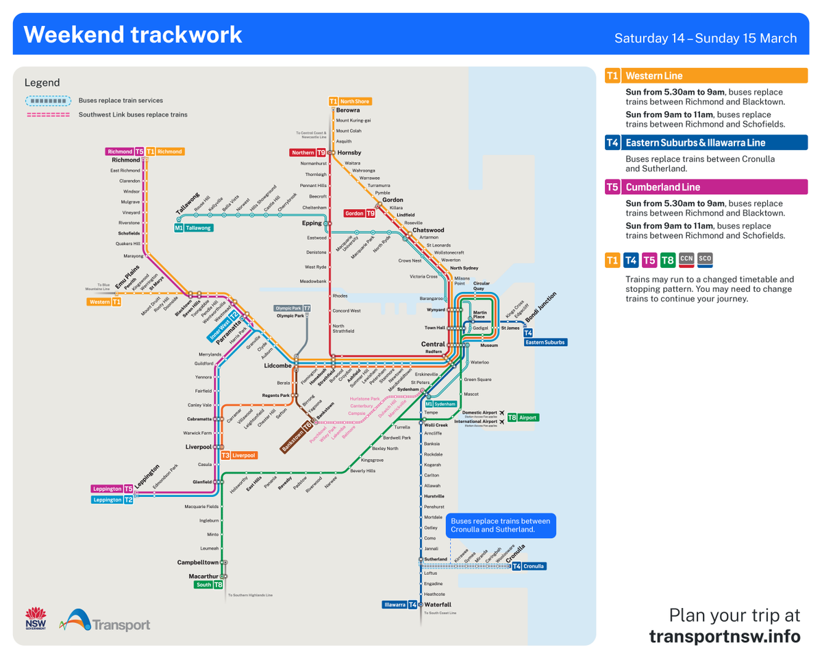 T1SydneyTrains's tweet image. Are you travelling on the #WesternLine this Sunday?

🚍#Trackwork buses may affect how you travel.

From 5.30am to 9am buses replace trains between Richmond and Blacktown.

From 9am to 11am buses replace trains between Richmond and Schofields.

More info: transportnsw.info/alerts/details…