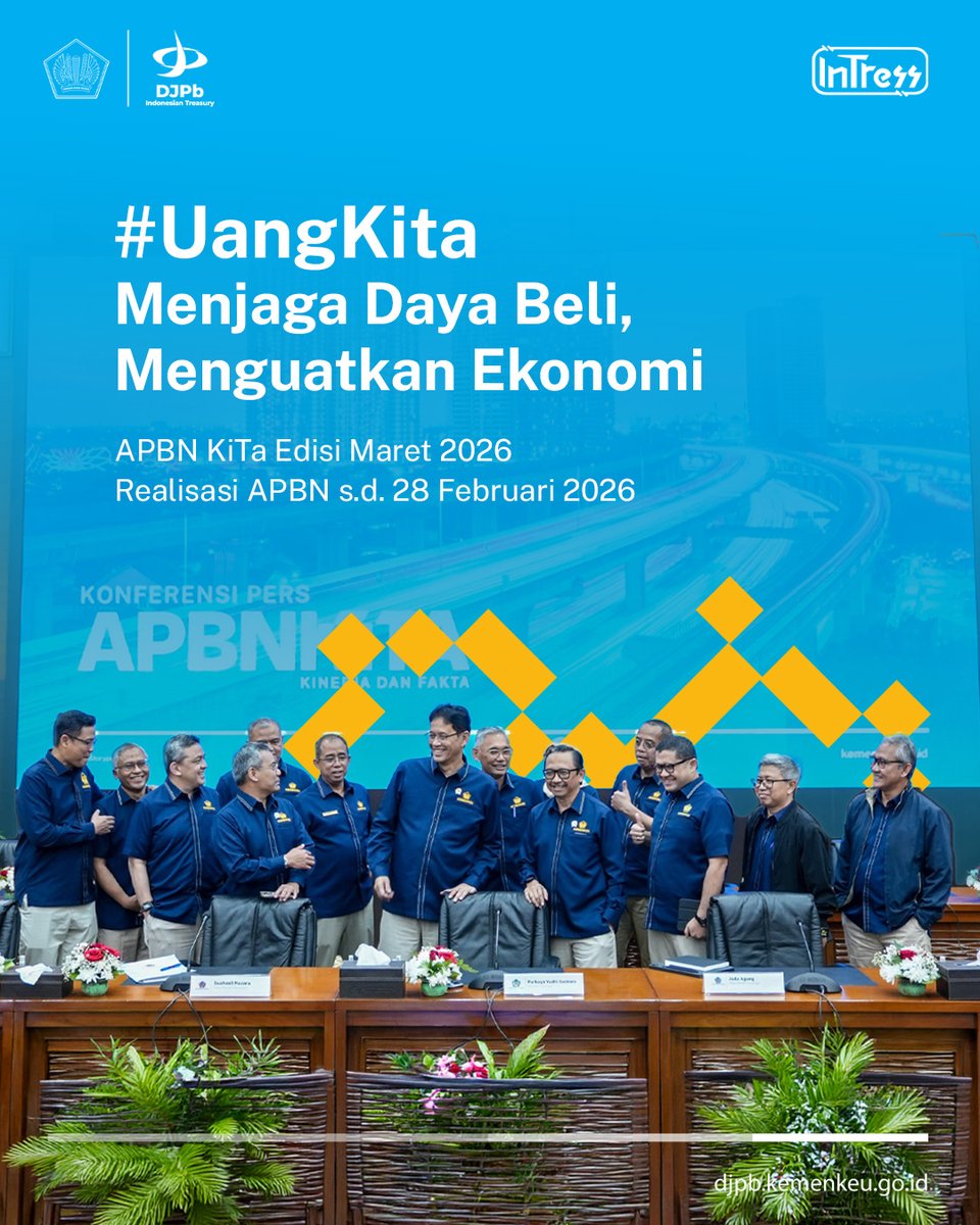 DJPb_Kemenkeu's tweet photo. APBN terus bekerja untuk Indonesia

Kinerja APBN hingga Maret 2026 tetap terjaga &amp; dikelola secara hati-hati untuk menjaga stabilitas ekonomi serta mendukung pembangunan nasional. Pendapatan negara terus dioptimalkan, sementara belanja negara diarahkan untuk melindungi masyarakat https://t.co/dbJwT8pgBg