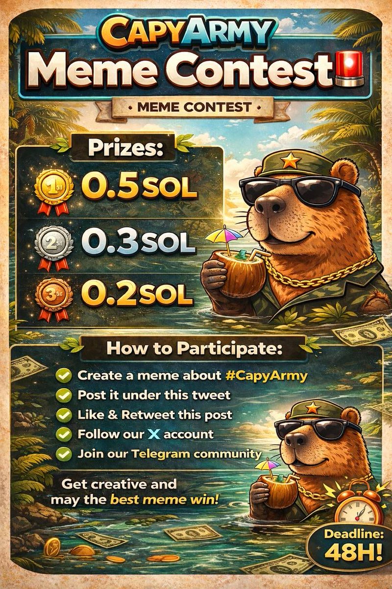 Meme contest is here! 🚨

Create a meme about CapyArmy and you could win the grand prize, which is 1 $sol

May the best meme win! 🏆 

#memecoin #crypto #solana #pumpfun #Cryptocurrency #CryptoContest #CryptoRewards #Cryptonomy