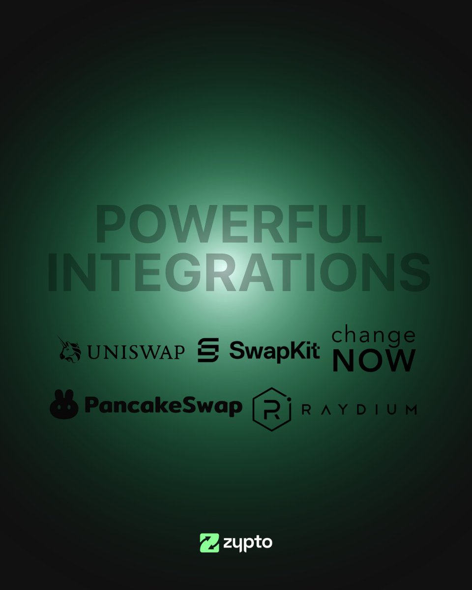 Love DeFi but hate juggling tools?

Zypto App connects you with powerful integrations like
Uniswap, PancakeSwap, Raydium, <a href="/ChangeNOW_io/">ChangeNOW</a> , SwapKit and more.

One wallet.
One interface.
Less chaos.

#FreeYourMoney with Zypto