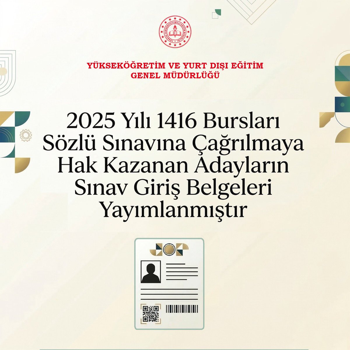 1416burslari's tweet photo. Bakanlığımızca 1416 sayılı Kanun kapsamında verilen burs ile lisansüstü öğrenim görmek üzere yurt dışına gönderilecek öğrencileri belirlemek amacıyla yapılacak sözlü sınav için adayların giriş belgeleri REBUS (https://t.co/knC8a0NCL5) üzerinden yayımlanmıştır. https://t.co/kxaCPSYGpv