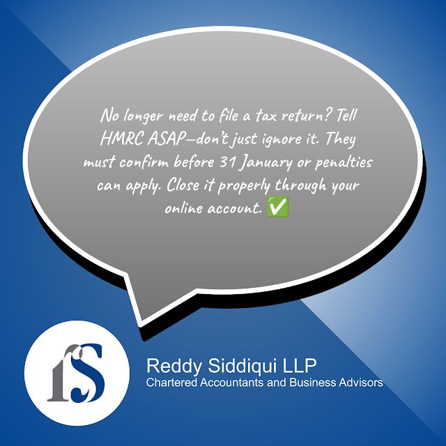 Are you sure you still need to file a tax return? ✅ Don’t ignore it—tell HMRC and get confirmation before 31 Jan to avoid penalties! Reddy Siddiqui LLP handles it properly. Let us close it the right way. #SelfAssessment
👉🏻 buff.ly/VAgdhdx