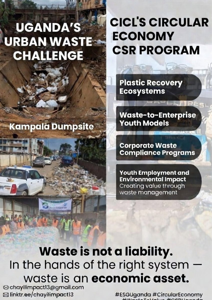 ChayilImpact's tweet photo. Kampala produces 2,000+ tonnes of waste every day.
Most companies organize cleanups.
Strategic companies build systems.
Plastic recovery.
Youth recycling enterprises.
ESG waste compliance.
Waste is an economic asset.
#CircularEconomy #ESGUganda https://t.co/kD2CCGo98f