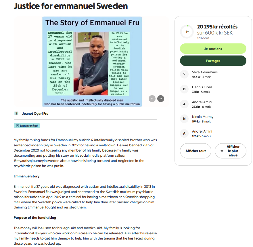 jtchoufang's tweet photo. Urgence signalée pour  #EmmanuelFru, jeune camerounais né en 1996, qui a migré avec sa famille en #Suède en 2013, où il y a été diagnostiqué #autiste de niveau 2 avec déficience intellectuelle, la même année.
Depuis 2019, il est interné dans l'hôpital régional de #Karsudden, après qu'on l'ait condamné à la suite d'une plainte déposée par la Police en 2018. "Il a été jugé coupable d'avoir résisté et s'être battu avec des policiers suédois".
Sauf que cet établissement psychiatrique n'est absolument pas destiné à prendre en charge des autistes (Voir encadré issu de #Gemini), et sa famille se plaint notamment qu'il y soit "torturé, enfermé et surmédicamenté".
En outre, sa famille qui peut à peine lui parler n'a pas le droit de le rencontrer, avec la dernière visite qui remonterait au 25 décembre 2020.
Sa sœur en particulier, Jeanet Oyeri Fru, a fait un résumé de son histoire sur un site dédié en 2021 (https://t.co/VFQtfEckZr)
Elle a aussi entrepris de communiqué sur les réseaux sociaux @facebook,  @tiktok et @instagram , après avoir lancé une cagnotte sur @gofundme en novembre 2023, pour "l'aide juridique et médicale à son frère", et pour  "rechercher des avocats internationaux qui pourraient travailler sur son dossier afin qu'il puisse être libéré" (https://t.co/lLCKa8sBPd). 
Je tiens à remercier @Lookin_Exotic, car c'est grâce à sa publication que cette information est apparue sur ce réseau (https://t.co/vTvuMdGwNb).

On est rendu en 2026 aujourd'hui, et nul ne sait dans quel état se trouve Emmanuel Fru. En effet, les dernières publications de sa sœur remonte à l'an dernier.
Prière d'assurer la diffusion la plus large à cette information.
#JusticeForEmmanuelFru