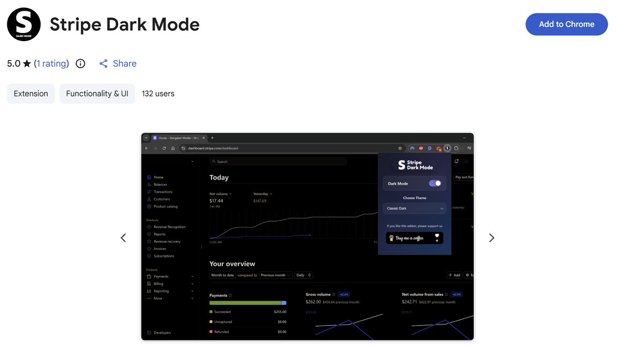 Priyan_sh's tweet photo. All Stripe Dark Mode users, Thank you for your support on @buymeacoffee! 🎉 https://t.co/2QTchMyYNR