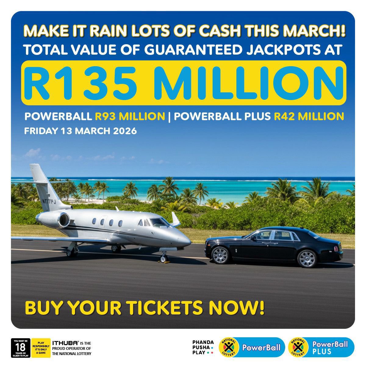 Make it downpour with multi-millions today! 
PowerBall &amp; PowerBall PLUS have a R135 MILLION in total GUARANTEED jackpots!
BUY your tickets NOW in-store, on your banking app, or on nationallottery.co.za.
#MakeItRainLotsOfCashThisMarch
#GUARANTEEDR135Million #PowerBallSA #ad
