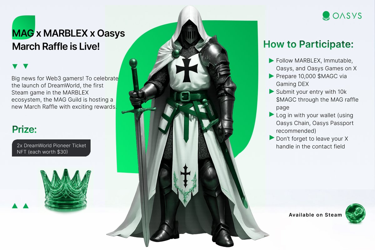 MAG x MARBLEX x <a href="/oasyschain/">Oasys Blockchain</a>  March raffle is live 🎟️

This time you can win DreamWorld Pioneer Ticket NFTs from the MARBLEX ecosystem.

Good chance to explore the ecosystem and maybe grab an NFT along the way.

#Oasys #Web3Gaming