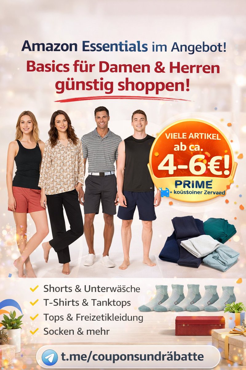 Rabatte7's tweet image. 👕 Amazon Essentials im Angebot!🔥

Entdecke jetzt viele Basics für Damen &amp;amp; Herren zu Top-Preisen:

💥 Viele Artikel schon ab ca. 4–6€!
🚚 Kostenloser Versand mit Prime

🔗 Affiliate-Link zu Amazon
amzn.to/4ulNeOF

#AmazonDeals #AmazonEssentials #FashionDeals #Rabatt