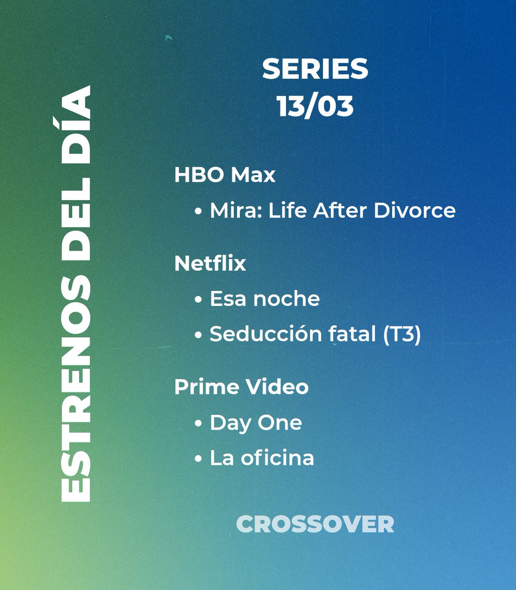 CrossoverSerie's tweet image. #SeriesDeEstreno - Viernes 13

Hoy en streaming se estrenan las españolas #EsaNoche y #DayOne, la mexicana #LaOficina, la turca #Mira y la tercera temporada de #SeducciónFatal