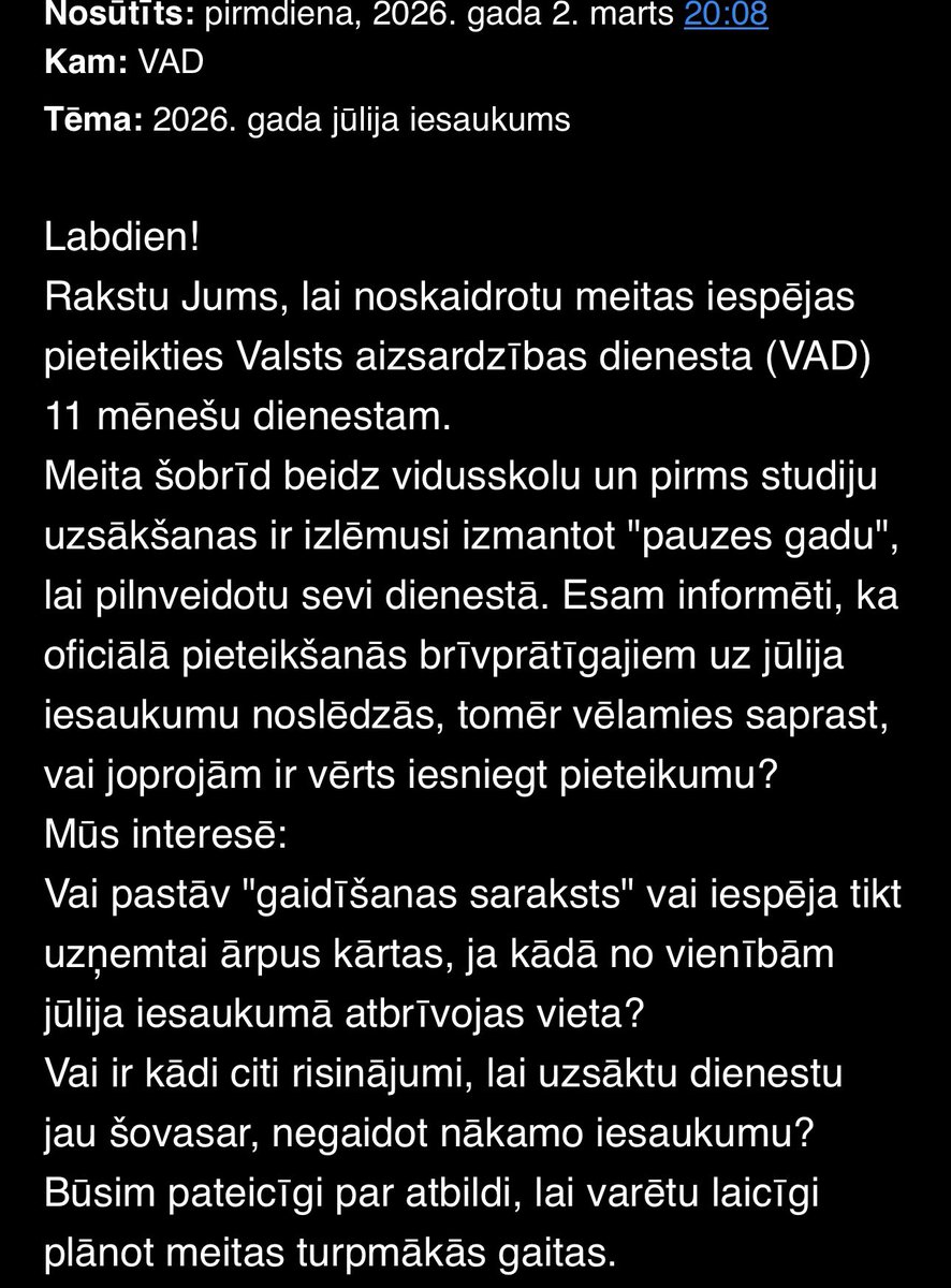 GunaGavrilko's tweet photo. Mums lūdza - mēs atbildējām!!! No šodienas uz mēnesi (līdz 13.04.) izsludinām VAD papildu pieteikšanos šī gada JŪLIJA iesaukumam! Nodod ziņu jauniešiem! https://t.co/Vbq3vo4Kwn https://t.co/cbuVqChqSL