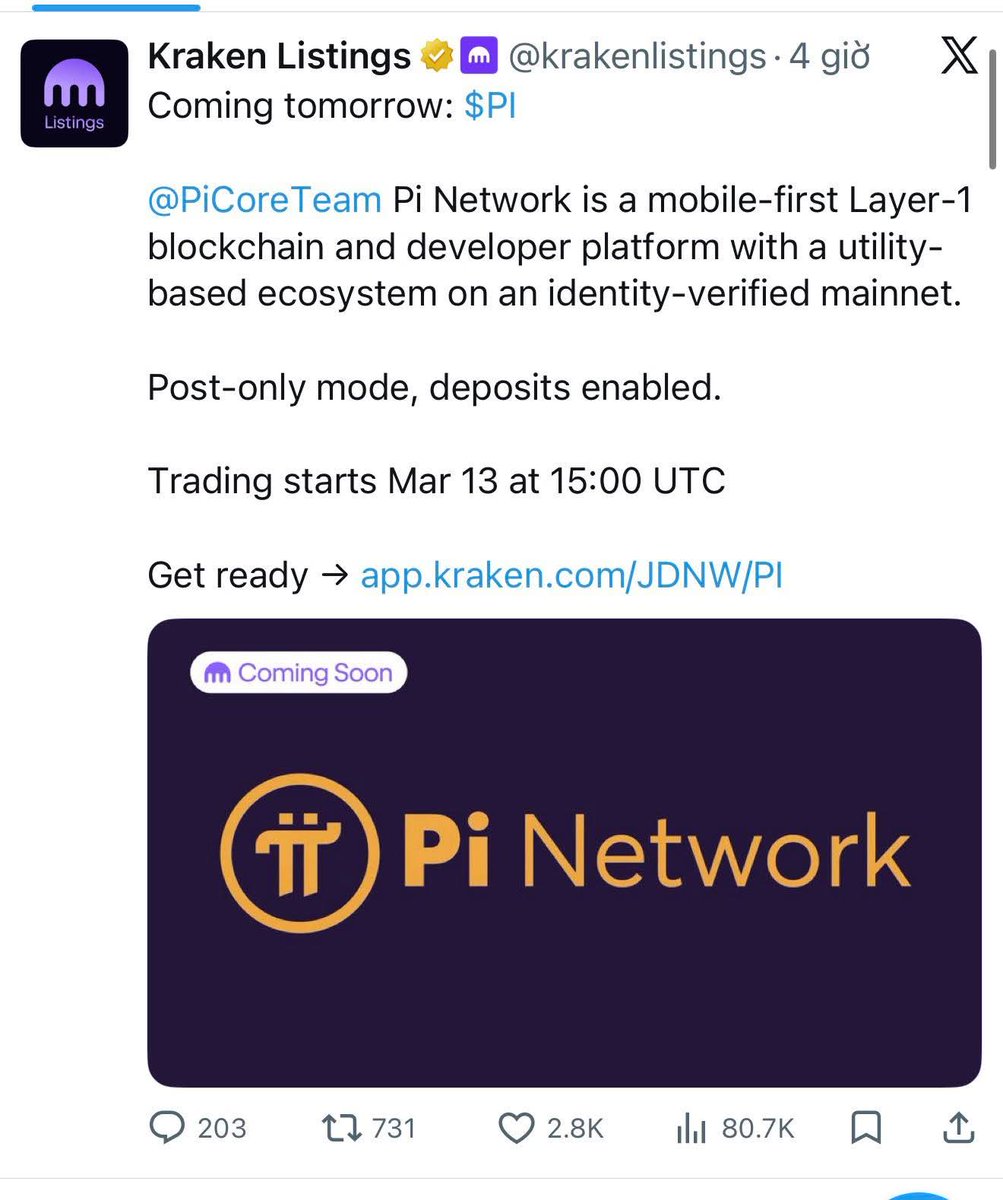 Sàn giao dịch Kraken công bố sẽ niêm yết Pi vào lúc 15:00 giờ UTC ngày 13/3, tương đương 22:00 cùng ngày giờ Việt Nam. 

Kraken là một trong những sàn rất nổi tiếng và thân thuộc với giới đầu tư và giao dịch crypto Âu Mỹ vì lịch sử lâu dài.