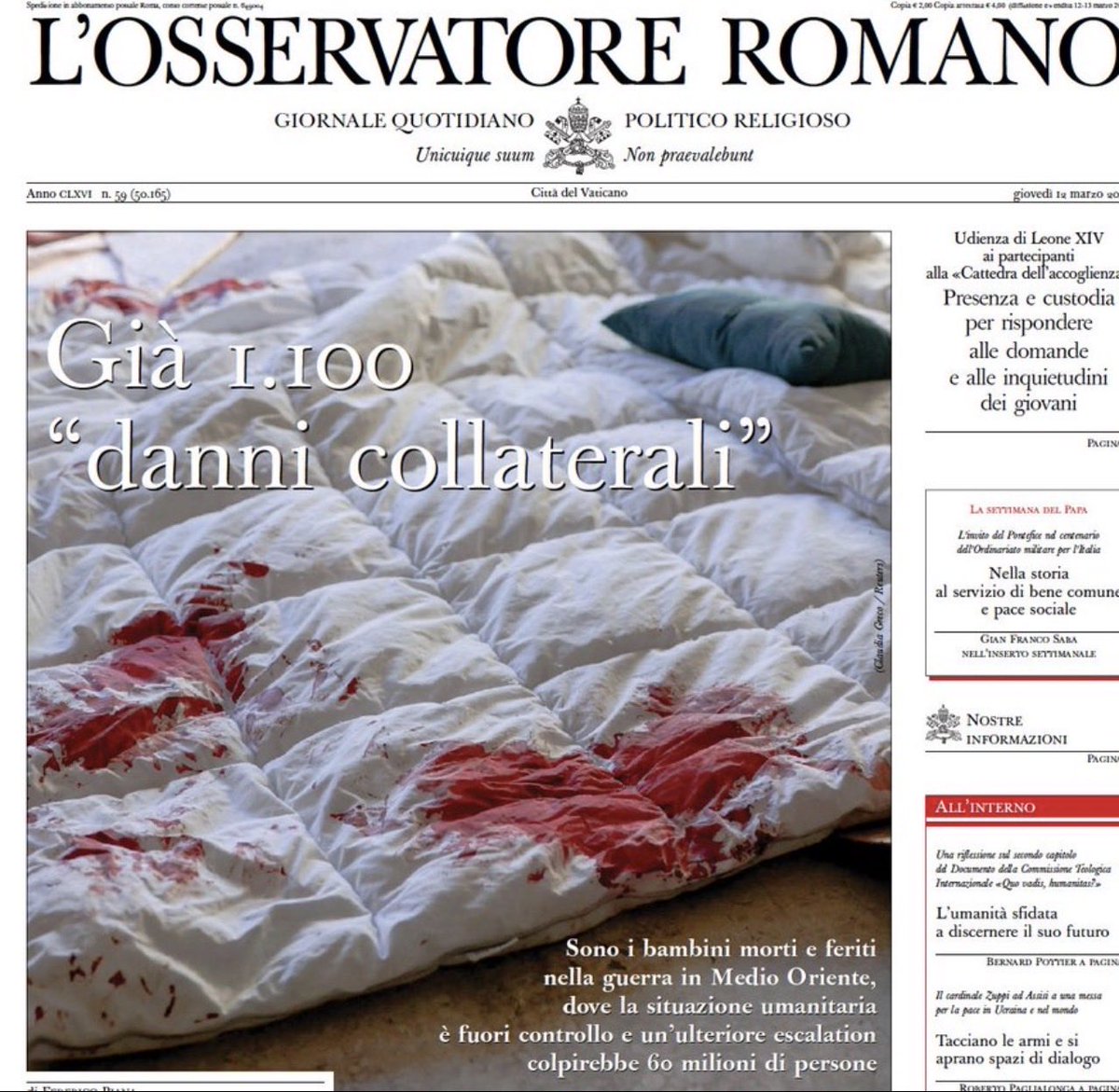 Otra portada durísima del diario vaticano. "Ya 1.100 daños colaterales". Se refieren a niños muertos y heridos desde que EEUU e Israel iniciaran la guerra.