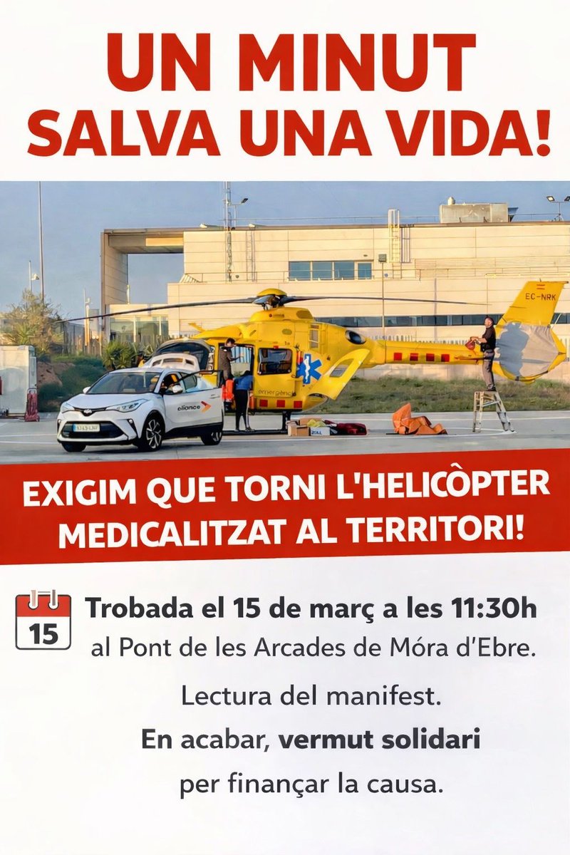 📍Aquest diumenge ens sumem a la mobilització 🗣️  pel retorn a la #RiberadEbre de l'Helicòpter Medicalitzat 🚁 que dona servei a les #TerresdelEbre; un recurs sanitari essencial pel bé de la salut i seguretat de la població.