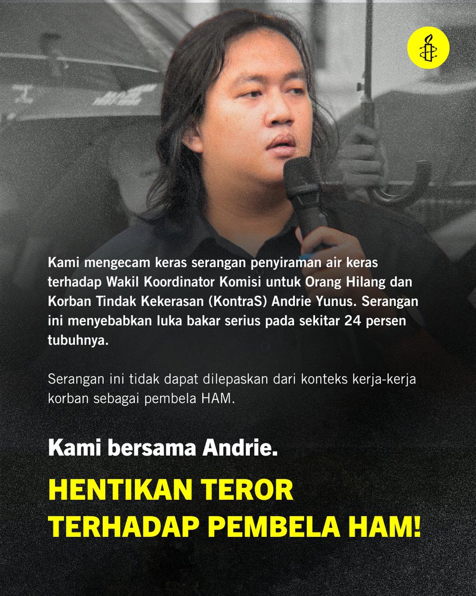 Kami mengecam keras serangan penyiraman air keras terhadap Wakil Koordinator Komisi untuk Orang Hilang dan Korban Tindak Kekerasan (KontraS), Andrie Yunus.

Hentikan serangan terhadap pembela HAM!
#KamiBersamaAndrie