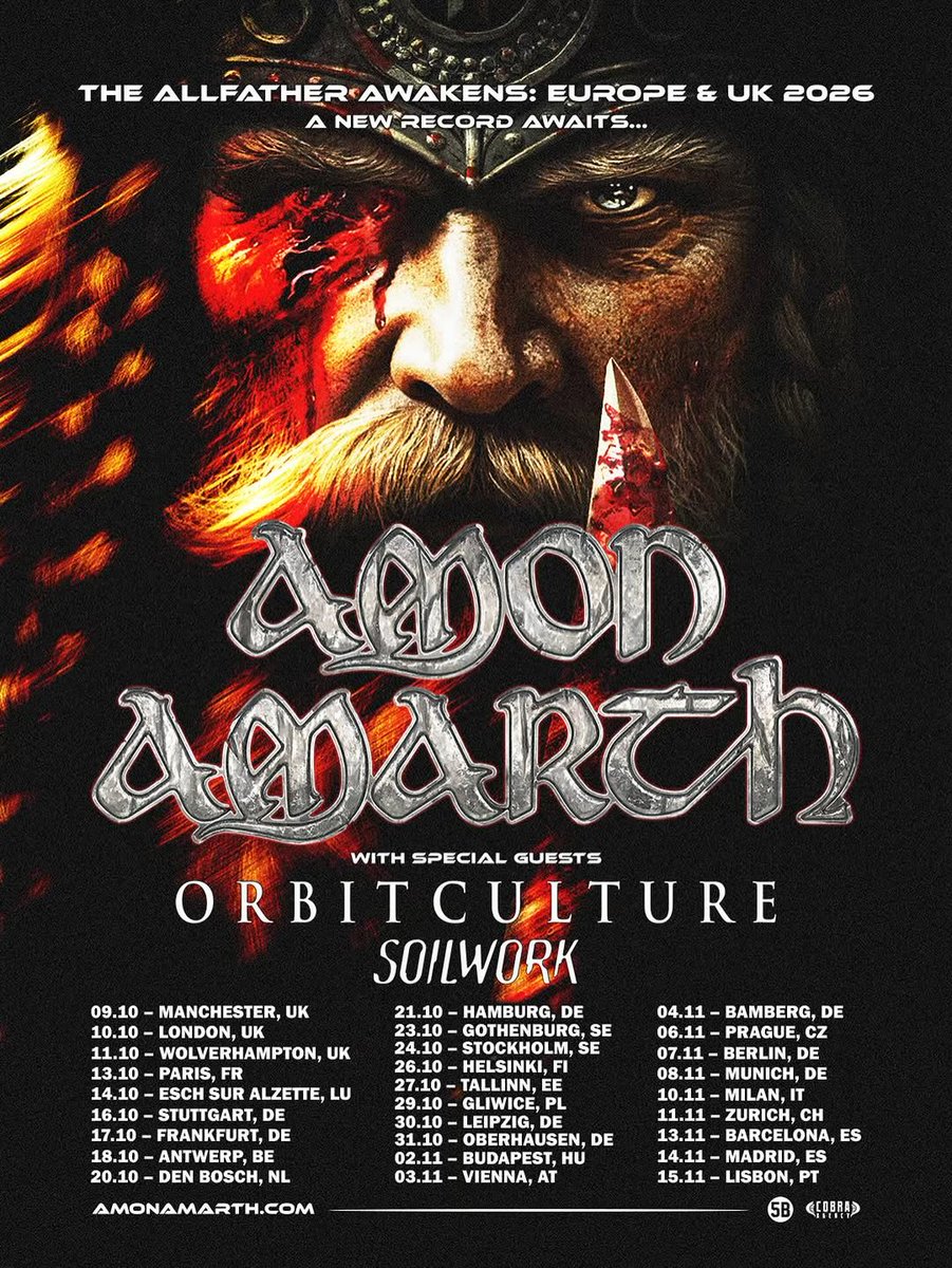 AmonAmarthBand's tweet photo. THE ALLFATHER AWAKENS TOUR storms across Europe and the UK this fall with @orbitculture and @Soilwork.

Tickets are on-sale now: https://t.co/fd2Fb9ymIK https://t.co/xFiHD09slY
