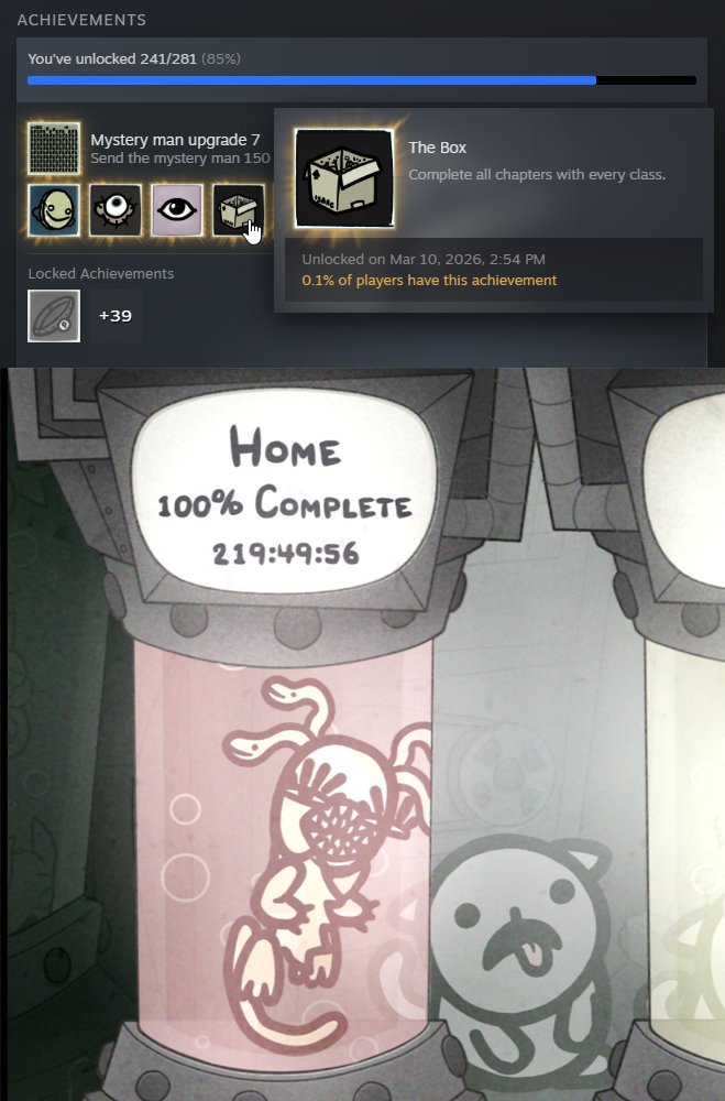 100%!  Sorry to all the cats I had to send off to get it.  181 Hours, including idle time and most of it on the Steam Deck.  Hoping to fully complete it before the end of the month so I can move on to Resident Evil 9 or STS2