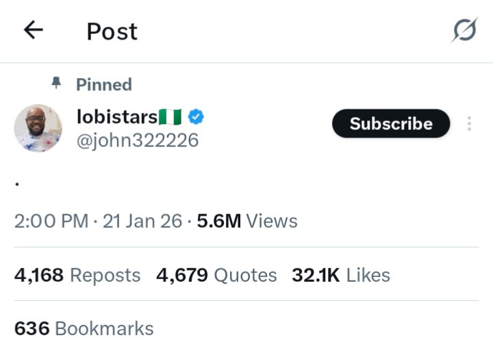 MkulimaKante's tweet photo. Huyu ndio lobistars tishio pale upande wa Nigeria.

Mwamba alipost nukta tu ikapata views 5.6 million, repost 4168, quotes 4679, likes 32.1k, bookmarks 636

Kibongo bongo lobistar wetu ni nani😁🫵 https://t.co/cinkI59488