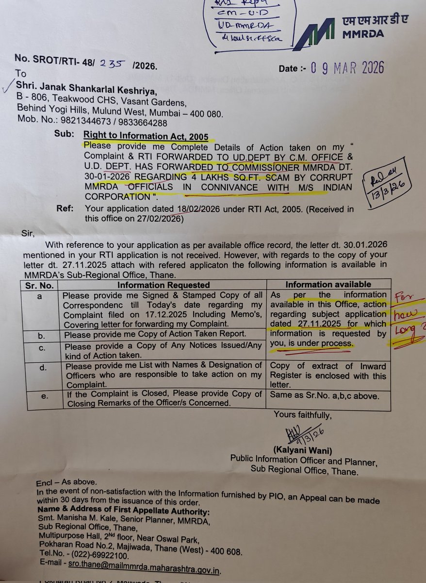 jskeshriya's tweet image. Sir #DevendraFadnavis nowadays #Complaints forwarded from ur office are being 'Neglected' by #Thane #MMRDA Regional Senior Planner Smt.Manisha Kale.

As per #UD circular Complaint should be closed in 35 days but Manisha Kale is sitting on "4 #lakh sq.ft. #Scam by #Corrupt MMRDA