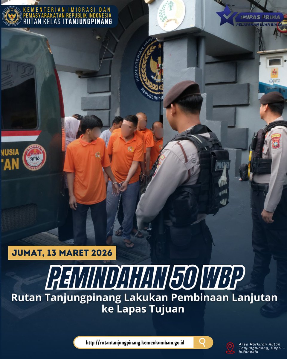 rutantpi's tweet image. PEMINDAHAN 50 WBP, RUTAN TANJUNGPINANG LAKUKAN PEMBINAAN LANJUTAN KE LAPAS TUJUAN

Jumat, 13 Maret 2026

.
.
.
@kemenimipas
@ditjenpas
@pemasyarakatankepri
@cerita.dibalik_jeruji
#kemenimipas
#guardandguide
#infoimipas
#pemasyarakatan
#KanwilDitjenPasKepri
#RutanTanjungpinang