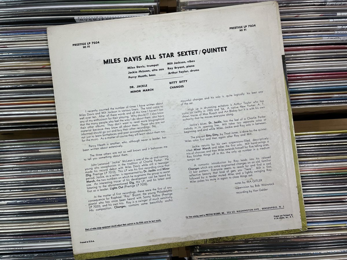 rubicrecords's tweet image. MILES DAVIS AND MILT JACKSON / QUINTET/SEXTET （ PRESTIGE / PRLP7034 / YELLOW NJ / DG / RVG / MONO ）