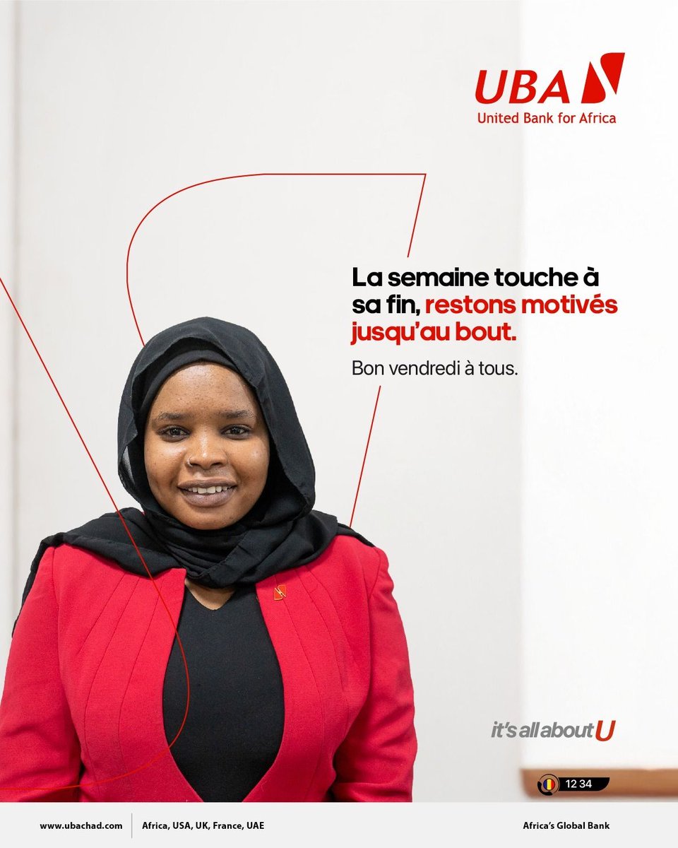 UBATchad's tweet image. Bon vendredi à tous.

Que cette journée vous apporte énergie et réussite dans toutes vos activités.

#UBATchad #MaBanqueToujoursAvecMoi #BanqueDigitale #AfricasGlobalBank #BonVendredi