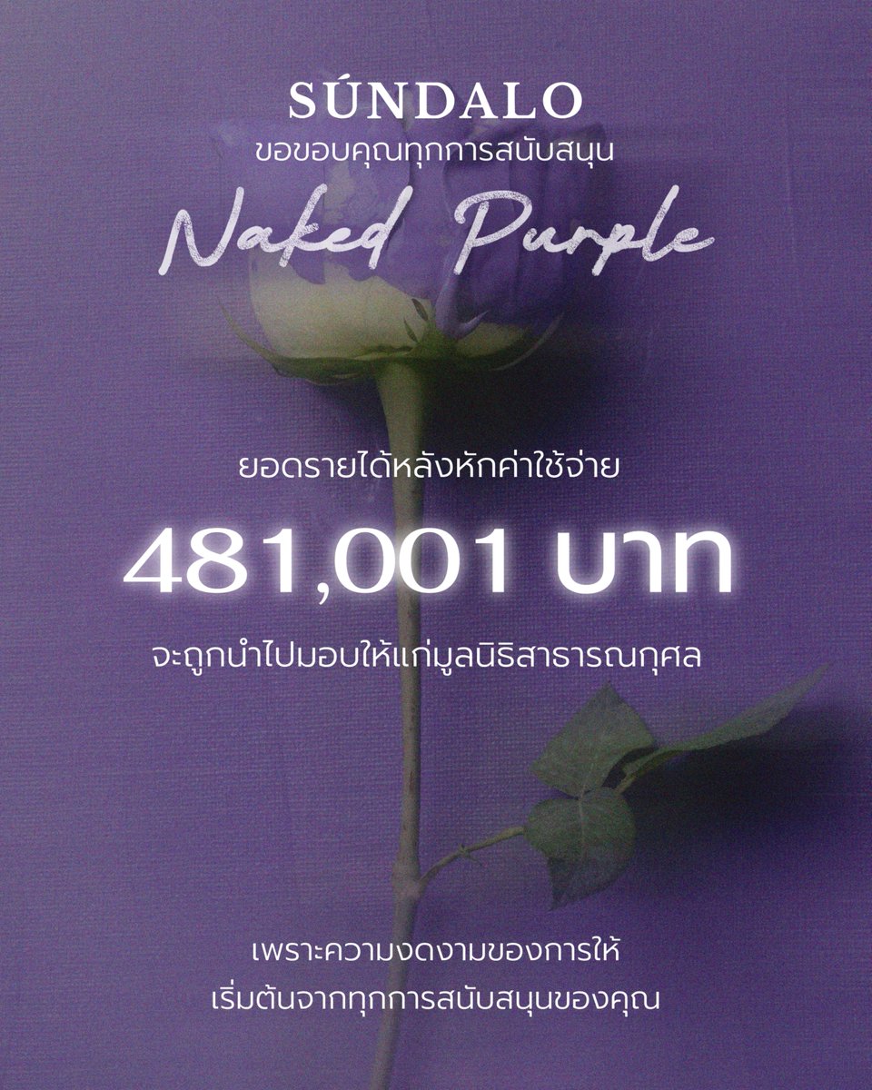 NAKED PURPLE
Freedom is NOT a color.

ขอบคุณทุกการสนับสนุนที่ทำให้ Naked Purple
กลายเป็นอีกหนึ่งช่วงเวลาที่มีความหมายของ SÚNDALO

ยอดรายได้หลังหักค่าใช้จ่ายจำนวน 481,001 บาท
จะถูกนำไปมอบให้แก่มูลนิธิสาธารณกุศล
เพื่อส่งต่อความช่วยเหลือให้กับผู้ที่ต้องการ

SÚNDALO