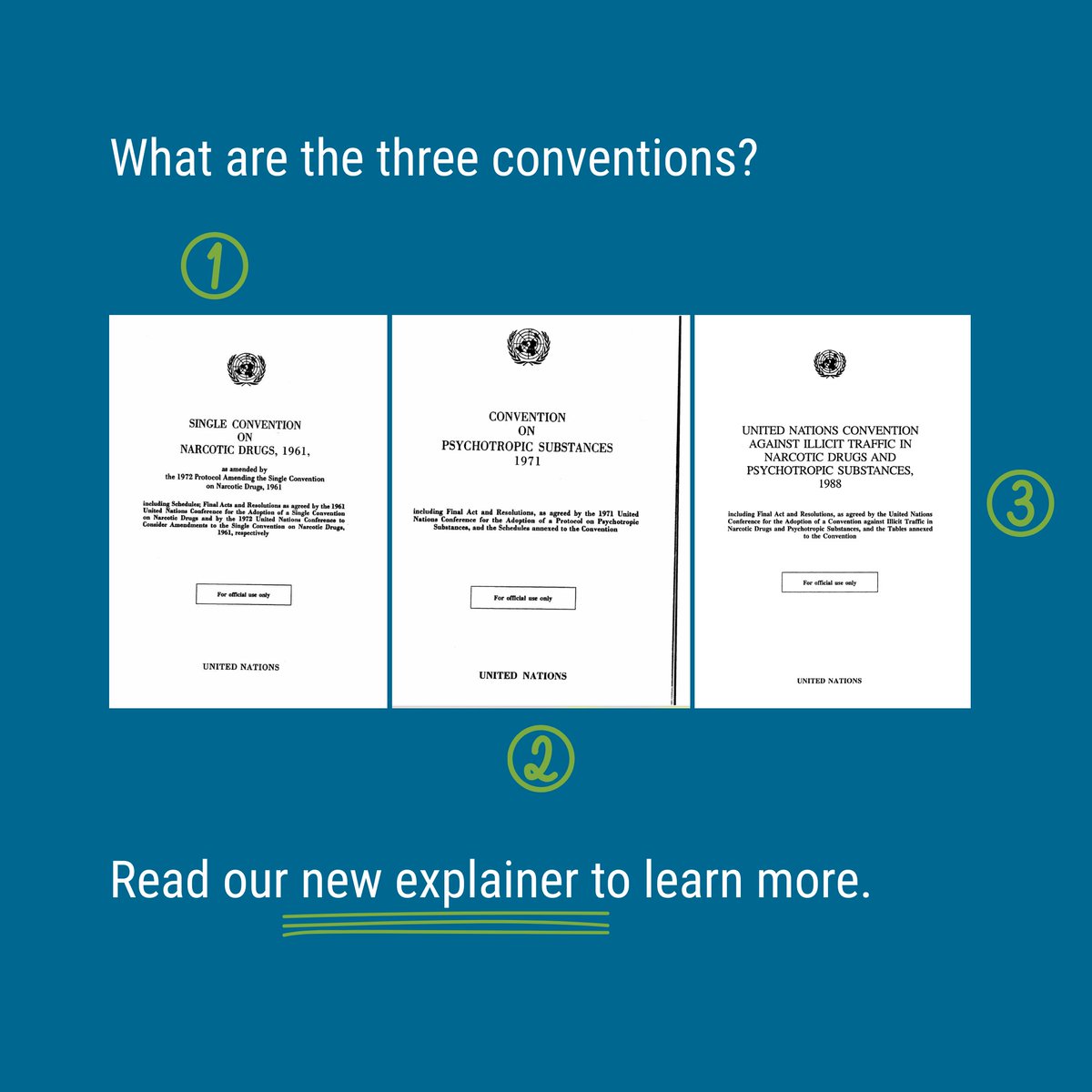 UNODC's tweet photo. International law and the world drug problem:

Three major international conventions govern global drug control.

Under these treaties, CND decides each year which substances are placed under international control.

Learn more: 

#CND69