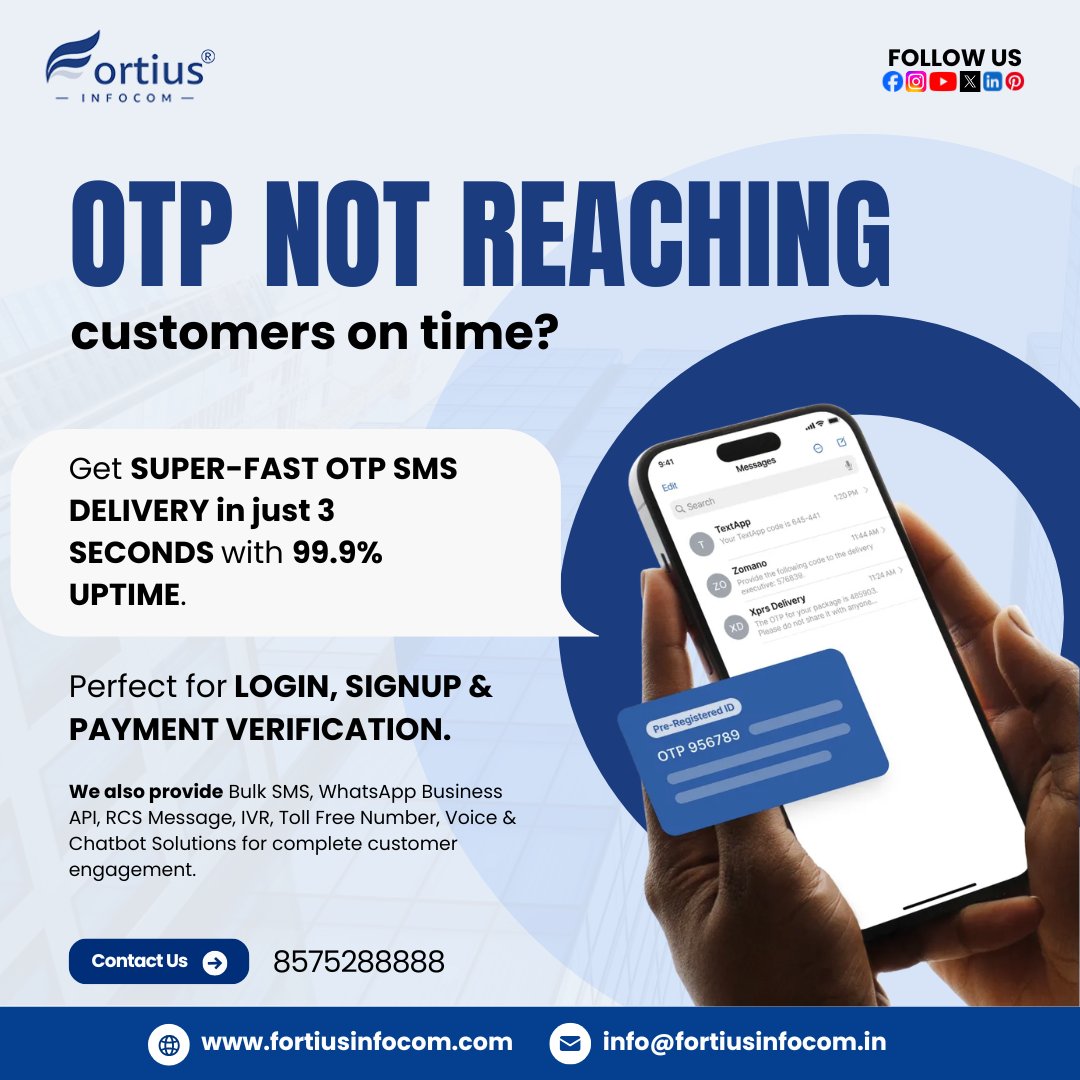 fortiusinfocom's tweet image. ⚡ Deliver OTPs in 3 seconds

Ensure 99.9% uptime for secure authentication.

Perfect for Login, Signup &amp;amp; Payment Verification.
Never delay customer access again.

🌐 fortiusinfocom.com/wsms-otp-forti…

#OTPSMS #SecureAuthentication #LoginSecurity #PaymentVerification #DigitalSecurity
