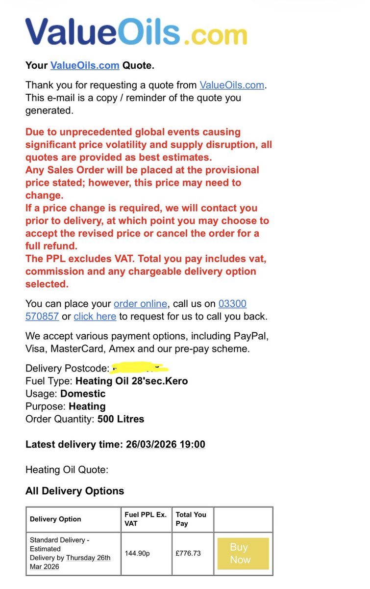 ContentedJames's tweet photo. @MartinSLewis Our heating and hot water is off … was paying 55p and now being asked to pay £1.44 a litre is war profiteering . https://t.co/WyIm3E5m0G