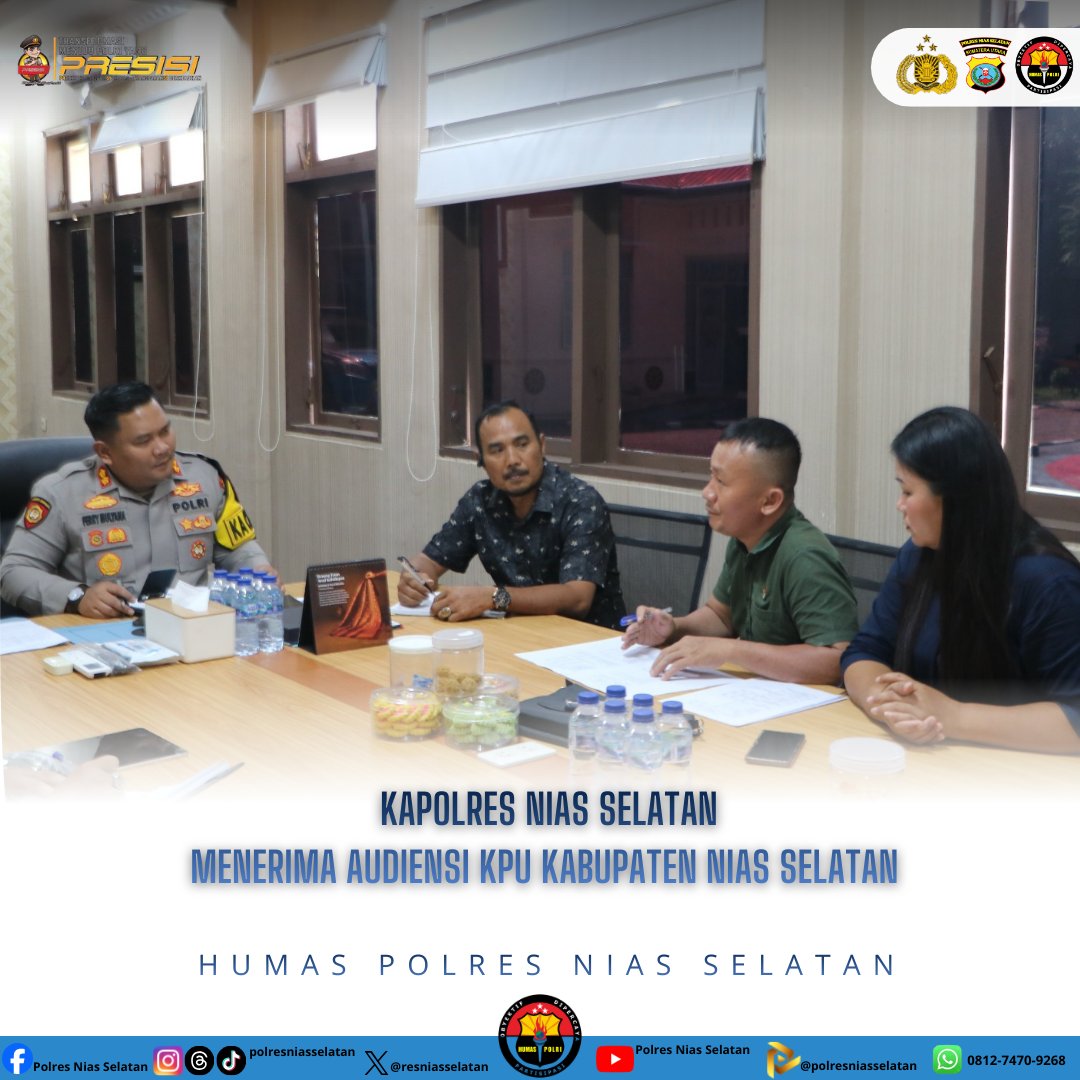 resniasselatan's tweet image. Kapolres Nias Selatan AKBP Ferry Mulyana Sunarya, S.I.K., M.H. di dampingi Oleh PJU Polres Nias Selatan Menerima Audiensi KPU Kabupaten Nias Selatan yang bertempat di ruang kerja Kapolres Nias Selatan.
(Jumat, 13 Maret 2026)

#audiensi
#kpuniasselatan
#polriuntukmasyarakat
#polda