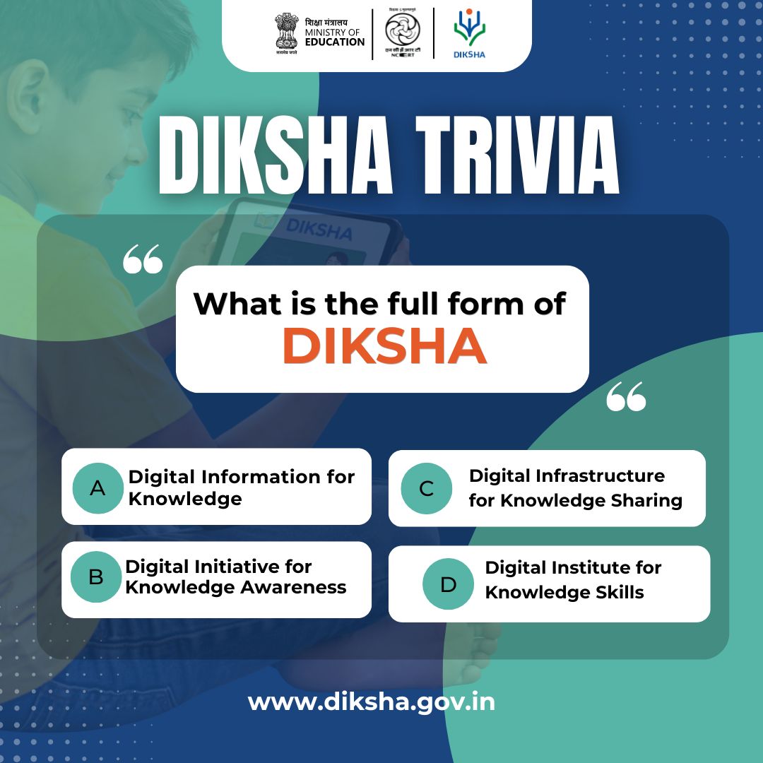 ncert's tweet image. DIKSHA Trivia TIME!

Think you know DIKSHA? Let’s find out!

What is the full form of DIKSHA?
Drop your answer in the comments and show us your knowledge!

Got it right? You might get featured on our social media pages!
Let the learning begin!

#DIKSHA #TriviaChallenge