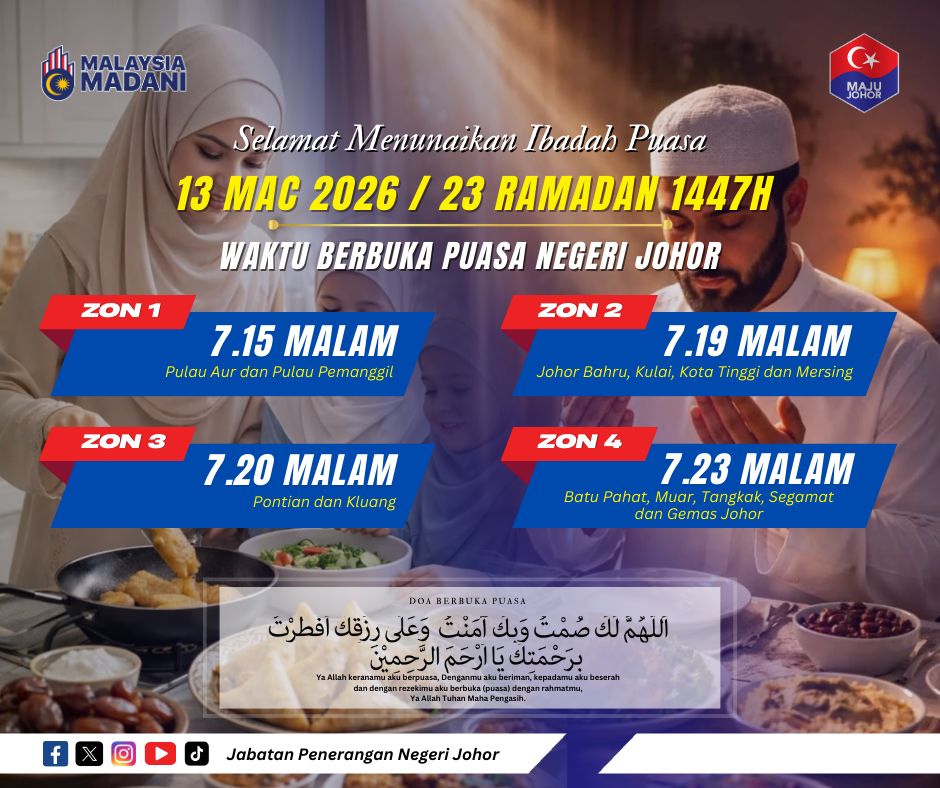 japenjohor's tweet photo. 🌙 𝐒𝐄𝐋𝐀𝐌𝐀𝐓 𝐌𝐄𝐍𝐔𝐍𝐀𝐈𝐊𝐀𝐍 𝐈𝐁𝐀𝐃𝐀𝐇 𝐏𝐔𝐀𝐒𝐀 | 𝐑𝐀𝐌𝐀𝐃𝐀𝐍 𝟏𝟒𝟒𝟕𝐇

🕖 𝐖𝐚𝐤𝐭𝐮 𝐁𝐞𝐫𝐛𝐮𝐤𝐚 𝐏𝐮𝐚𝐬𝐚
(23 Ramadan 1447H | 13 Mac 2026)

⏰ 𝐖𝐚𝐤𝐭𝐮 𝐈𝐦𝐬𝐚𝐤
(24 Ramadan 1447H | 14 Mac 2026)

#SalamRamadan #MajuJohor #MalaysiaMADANI 🌙 https://t.co/GkXaHcGya6